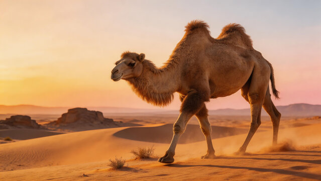Wildlife Bactrian Camel Wild Life in the Gobi Desert Camelus Ferus Desert Mongolia Sunset Stand Walk