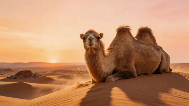 Wildlife Bactrian Camel Wild Life in the Gobi Desert Camelus Ferus Desert Mongolia Sunset Sitting