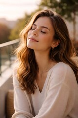 Naklejka premium Young woman with closed eyes finding peace and relaxation, feeling the warmth of natural light on her face and experiencing a moment of mindful serenity outdoors