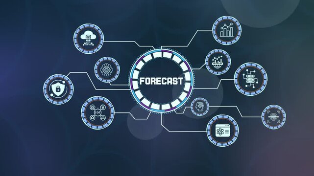  Future business forecast and predictive data analysis concept with growth trends and tech icons.