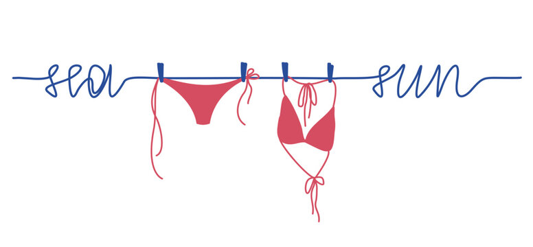 Hanging on the rope summer beach bikini. Bra and panties underwear laundry on the clothesline. Summer beach vacation. The clothesline forms the inscription Sea, Sun. Drying swimsuit