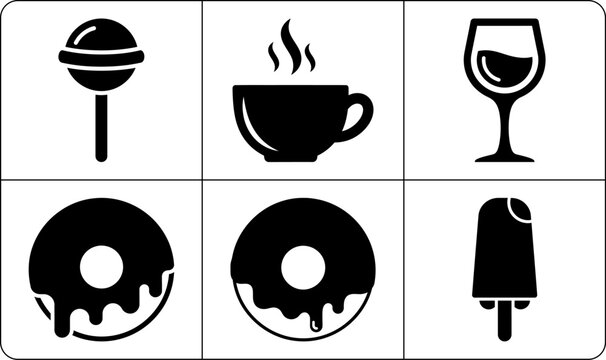 A set of black food and drink icons in silhouette mode, featuring a lollipop, coffee cup, wine glass, donut, and popsicle, against a white background.
