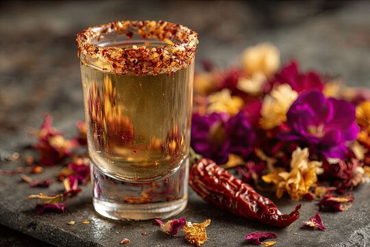 Golden spirit in a rimmed glass with spicy pepper and floral garnish