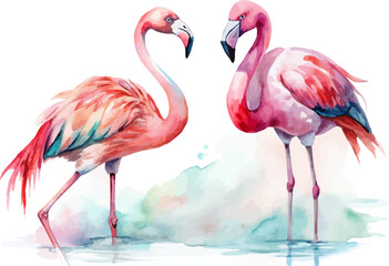 Obraz premium Pink Flamingo Watercolor Illustration, Tropical Bird Clipart Isolated on White
