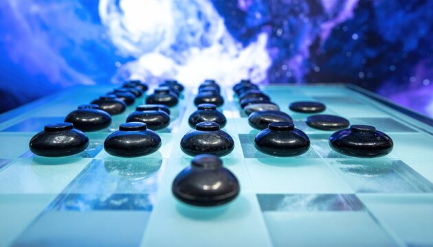 Rows of polished obsidian tokens arranged deliberately on a frosted glass surface with striking blue light.