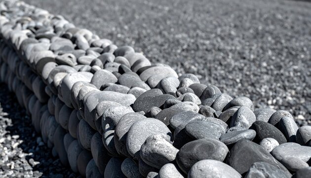 Perfectly uniform grey pebbles meticulously arranged to form a defensive blockade or textural background
