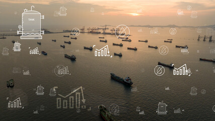 Fototapeta na wymiar oil tankers anchored at sea with falling digital graphs. Global energy crisis, marine transport disruption, and fuel shortage concept due to war and Strait of Hormuz closure.