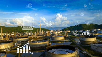 Energy crisis oil refinery with falling graph, fuel shortage and petroleum industry crash concept...