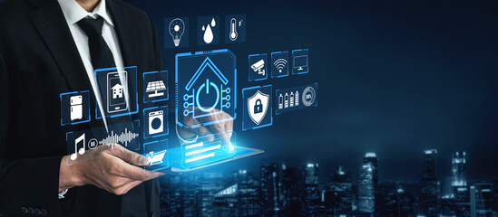 Business professional interacting with futuristic smart home technology interface displaying...