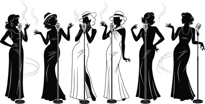 Vintage Silhouette Set of Female Singers with Retro Dresses and Microphones for Jazz and Performance Themes