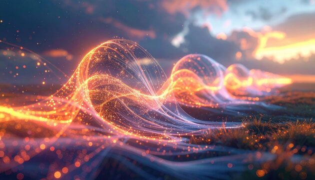 Vibrant abstract visualization of quantum entanglement decoherence with glowing light threads and particles in a dynamic cosmic wave formation