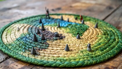 Intricate Woven Tabletop Game Mat Depicting a Detailed Ancient Battlefield Scene with Miniature Figures