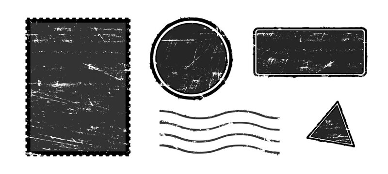 Full vector set of rubber stamps featuring empty areas, distressed textures, and scratched copy spaces, ideal for vintage grunge designs, creative templates, and mockups. Perfect for adding an