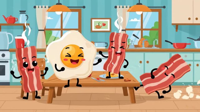 Animated cartoon breakfast characters in kitchen funny food animation egg and bacon cheerful illustration for children and families