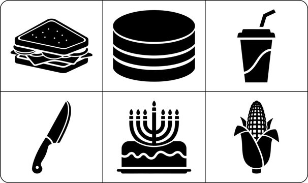 A set of six black and white icons featuring various food and drink items, including a sandwich, pancake, soda, knife, cake with menorah, and corn, all in silhouette.