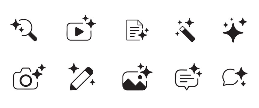 Black vector icon set with black ai sparkles for web and business design including play, gallery, search, chat, camera and magic sparkles vector.