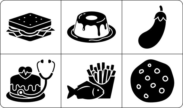 A set of six food icons in silhouette mode, featuring a sandwich, cake, eggplant, a doctor's cake with a stethoscope, fish and fries, and a pizza.