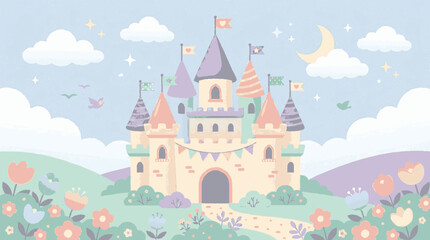 Fototapeta premium Whimsical fairy tale castle illustration with soft pastel colors and magical details in enchanting garden setting