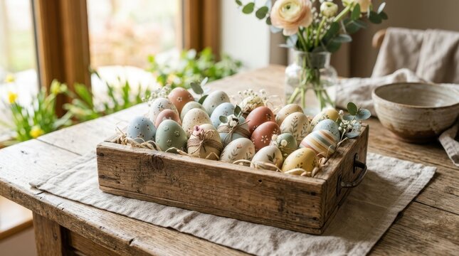 Colorful Easter Eggs in Wooden Tray on Rustic Table Decor