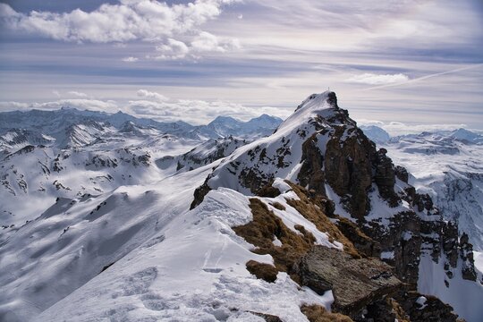 Ski ascent of Hochgamatsch mountain in the Sarganserland region of Heidiland. With views of the Hochfinsler. Ski tour in the Swiss Alps with a fantastic mountain panorama. Ski mountaineering.
