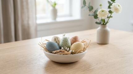 Easter Decorative Eggs Displayed in White Bowl on Wooden Table