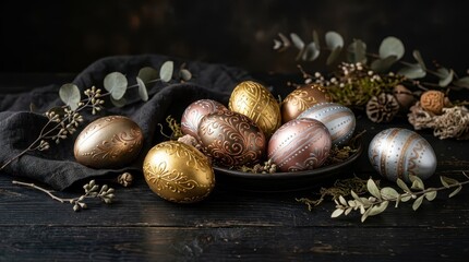Obraz premium Ornate Easter Eggs Displayed on a Dark Rustic Wooden Table