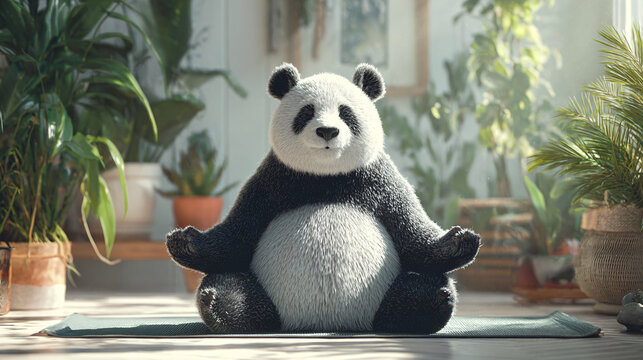 Funny panda sitting in meditation pose on yoga mat surrounded by house plants. Relaxation, mindfulness, wellness and stress relief concept.