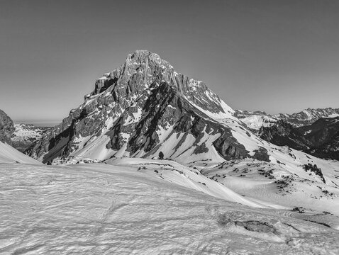 Ski tour in the Glarus region between Mount Schilt and Mount M&uuml;rtschenstock. Ski mountaineering in Switzerland. black and white. High quality photo.