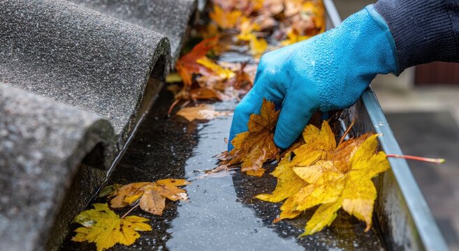 Hand in glove clears wet autumn leaves from clogged rooftop gutter
