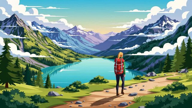Animated hiker woman trekking through a scenic mountain landscape with lake and forest adventure background for travel videos
