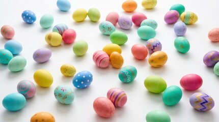 Colorful Easter Eggs Spread Across a White Background for Spring Festivities