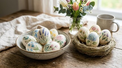 Decorative Easter Eggs with Floral Designs in Cozy Setting