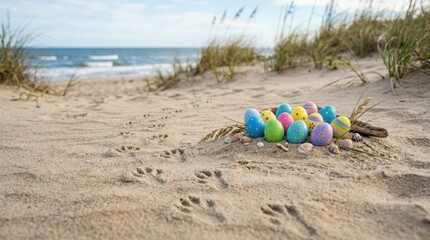 Colorful Easter Eggs On Sandy Beach With Gentle Ocean Waves