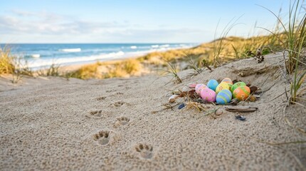 Obraz premium Colorful Easter Eggs Nestled in Sandy Beach Shoreline Setting