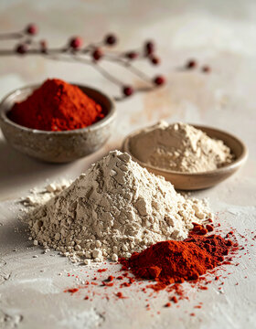 Bentonite or kaolin clay with fine earthy texture, red annatto or rosehip powder and iron oxide. Natural ingredients, earthy materials