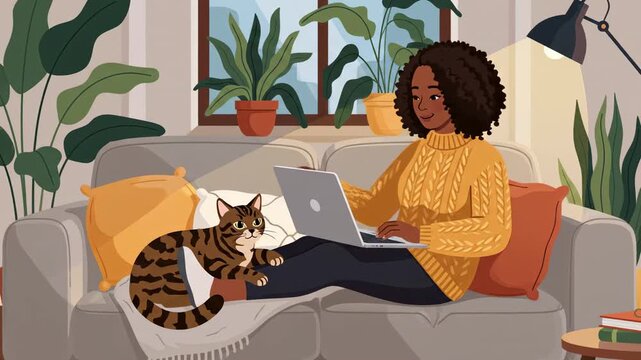 Animated woman working on laptop with pet cat relaxing on sofa at home surrounded by plants
