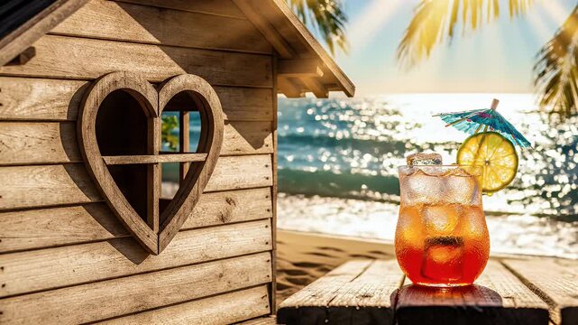 Wooden beach shack with heart window overlooks ocean, cocktail sits on table