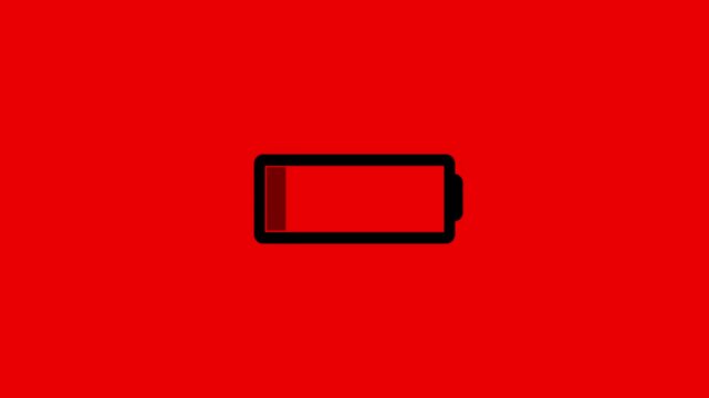 blue battery charging icon animation showing energy level increase on red screen background for mobile and technology concepts