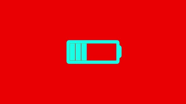 blue battery charging icon animation showing energy level increase on red screen background for mobile and technology concepts