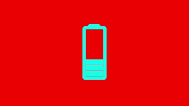 blue battery charging icon animation showing energy level increase on red screen background for mobile and technology concepts