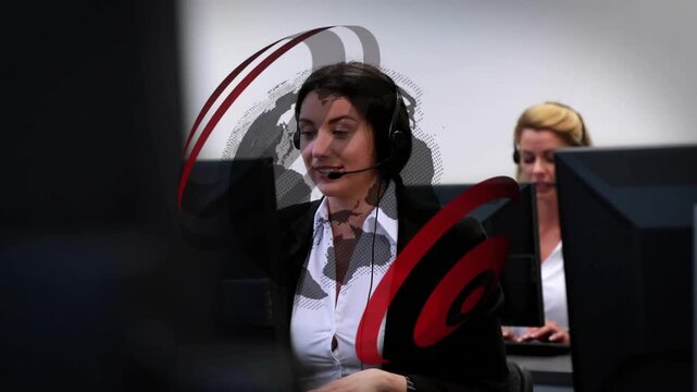 Dark-haired call-center agent typing at keys while globe overlay revealing agent, monitors, headset