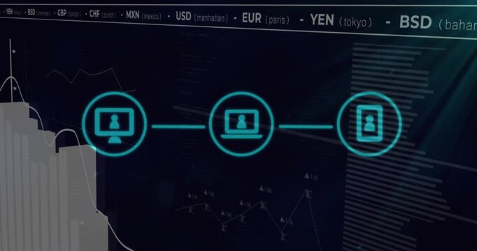First icon appearing, tri-device morphing, linking while finance bars,ticker animating, monitoring