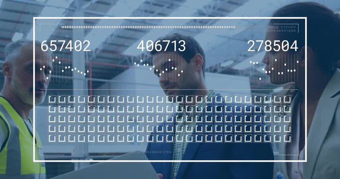 Man in navy blazer holding laptop launching HUD overlay, team joining, analyzing warehouse metrics