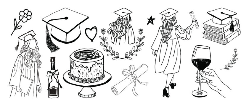 black pen Hand drawn graduation doodle collection. for scrapbooking, t-shirt and invitation card design vector illustration.