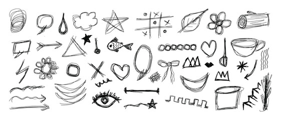 Naklejka premium Hand drawn black pen scribble doodle collection. text boxes, grid, speech bubbles, lines and arrows. best for infographic and scrapbooking journaling.