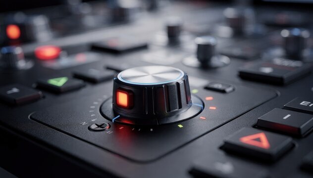 Focused view of an active alert encoder on a sleek control panel showing illuminated buttons with the surrounding equipment out of focus.
