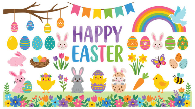 Happy easter greeting card with bunny characters and decorative eggs