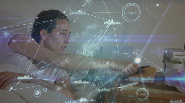 Woman reaching bedside, picking smartphone and checking health for care while HUD tracking vitals