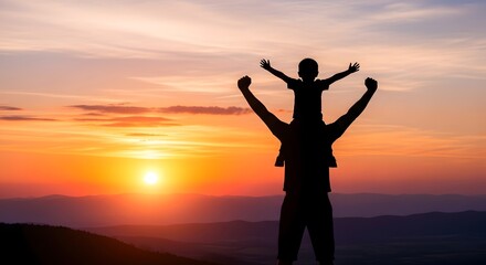 Fototapeta premium Father and Son Silhouette at Sunset: Happy Family Moment on Mountain Top