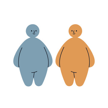 Two simple, blob-like figures, one blue and one orange, with minimal facial features and limbs, stand side-by-side on a white background.